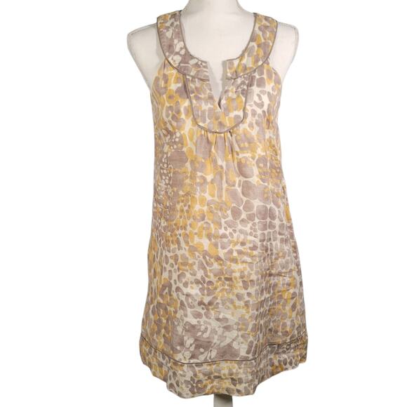 LOFT Linen Shift Dress 4 Yellow Gray Abstract Print Ruffle Neck Lined - Picture 1 of 11